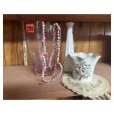 Pink, milk glass vases, Lefton flower pot, beaded
