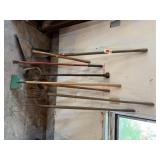 Shovels, scraper, post hole digger, , pitchfork,