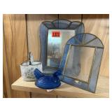 Blue glass frames, pottery basket, hen
