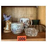 Glass floral frogs, mug, votive holders, bird