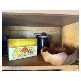Recipe box, cheese crock, wooden bowl
