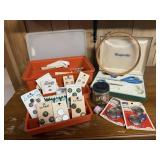 Sewing box, buttons, notions, embroidery hoop,