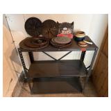 Metal shelving, contents included, saw blades,
