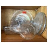 Fire King etched pie plate, glassware, extra lids