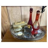 MIrrored vanity tray, bottles, trinket boxes