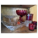 Ruby red glassware, pedestal dishes, bowl,