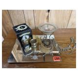 Mirror, costume jewelry necklaces, beaded