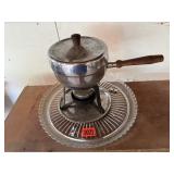 Vintage fondue pot, glass platter