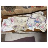 Box of embroidery, crochet, doilies, dresser &