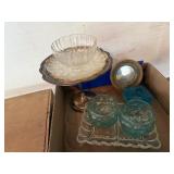 Votive holders, silver pedestal dish, mirror,