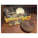 Sewing basket, tins of buttons, pins