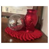 Heart vase, disco ball, crocheted charger