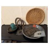 Enamel pie plate, insulator horseshoes