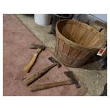 Bushel basket, hatchets (3)