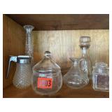 Mixed lot of glassware, syrup, cruet, jars, vase,