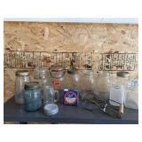Mix lot of canning jars, zinc lids, jar lifter