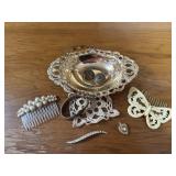 Hair combs, heart pendant, locket wristlet, pins,