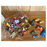 Tote of toys, building blocks, Matchbox cars,
