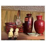 Asian decor lot, shelf sitters, vases, basket