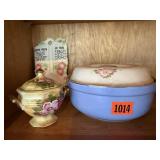 Vintage covered casserole dish, sugar bowl, spoon