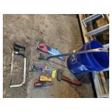 5 gallon bucket, NEW insulation knife, hand saws,