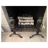 Cast iron fireplace andirons, log grate, logs