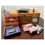 Wooden box, playing cards, stone coaster set,