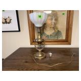 Vintage brass table lamp, milk glass shade