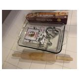 Anchor Hocking casserole dish, rolling pin,