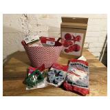 Basket, cookie cutters, hand towel, paper