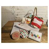 Basket of party supplies, gift boxes, cards,