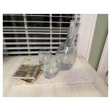 Marble cutting board, Nambe crystal decanter,