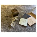 Crystal doorknobs, keys, trinket box, coasters