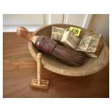 Primitive wooden bowl, shave brush, razor