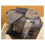 North Face beanie, newsboy cap, scarves
