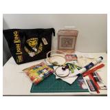 Lion King tote bag, embroidery hoops, thread,