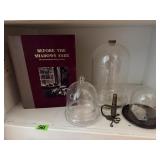 Glass cloches, crystals, silverware bud vase,