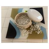 Glass square plate, covered dish, letters