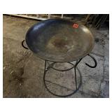 Copper bird bath basin, wrought iron stand