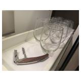 Stemless wine glasses (8), corkscrew