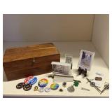 Wooden box, lapel pins, buttons, picture frames