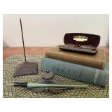 Antique desk ensemble, fountain pen, eyeglasses,