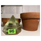 Clay pots, glass pyramid