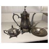 Silver plated coffee pot, sugar dish, bowl, spoon