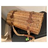 Oblong wicker picnic basket, partial contents