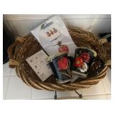Basket, mugs, china plate, cards, dish towel