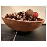 Primitive wooden bowl, holiday ornaments,
