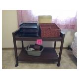 TV cart, vintage trash cans and organizers