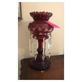 Hand painted, ruby colored, glass vase with