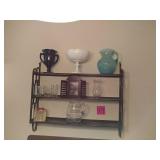 Wall shelf and contents, including milk glass and